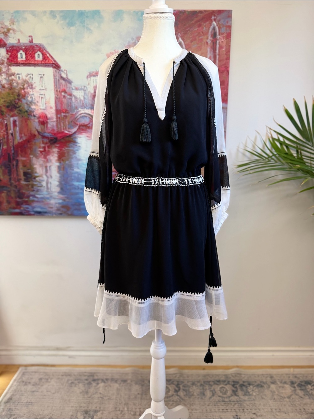 Juicy Couture Yasmin Pitch Black Angel Embroidered Boho Tassel Dress XS